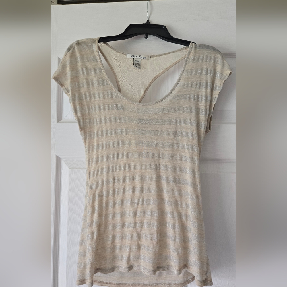 American Rag Tan and‎ White Ribbed Cut Out T-Shirt